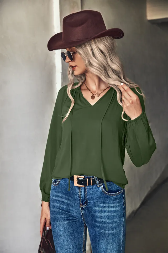 Autumn And Winter New Pure Color Hot Temperament V neck Long Sleeve Top Green - Shop at LoveMi