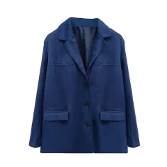 Elegance Retro Brown Loose Pockets Long Sleeve Suit Coat - Dark Blue - View 1
