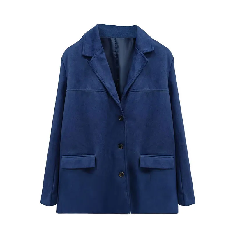 Elegance Retro Brown Loose Pockets Long Sleeve Suit Coat - Dark Blue