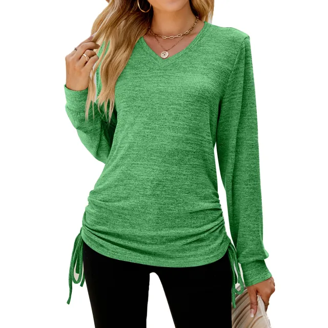 Women's Top Solid Color V neck Hem Lace up Long sleeved Women's T shirt Green - Shop at LoveMi