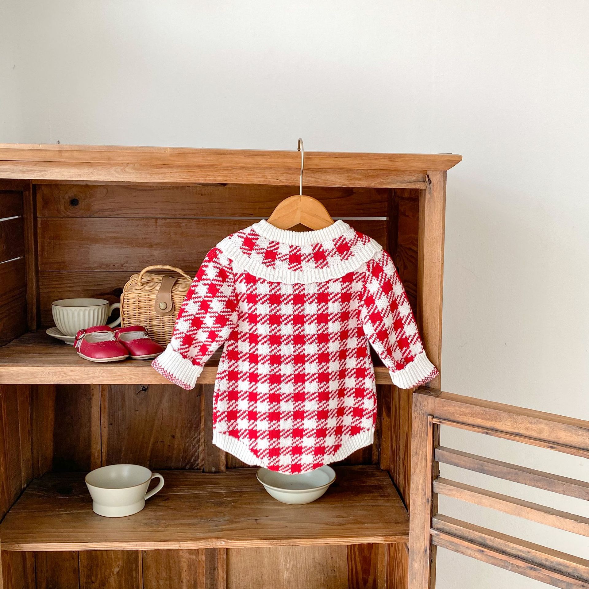 Title 7, Autumn Baby Girl Red Houndstooth Cotton Yarn Kn...