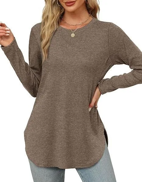 Solid Color Long sleeved Top Round Neck Loose Casual Bottoming Shirt Brown - Shop at LoveMi