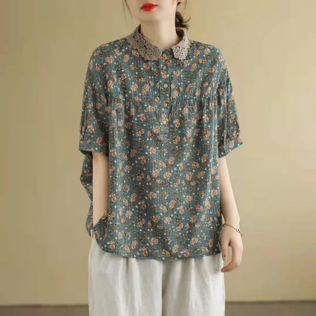 Artistic Retro Cotton And Linen Floral Short sleeved T shirt For Women Floral - Shop at LoveMi