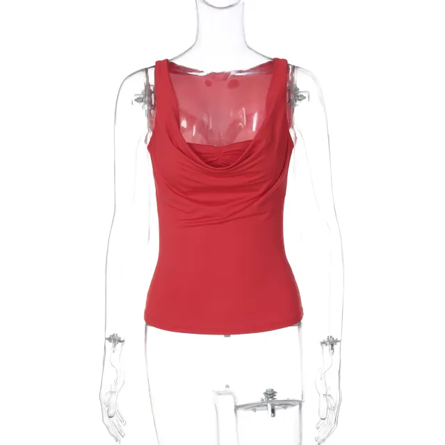 U collar Pleated Slim Fit Wild Vest Red - Shop at LoveMi