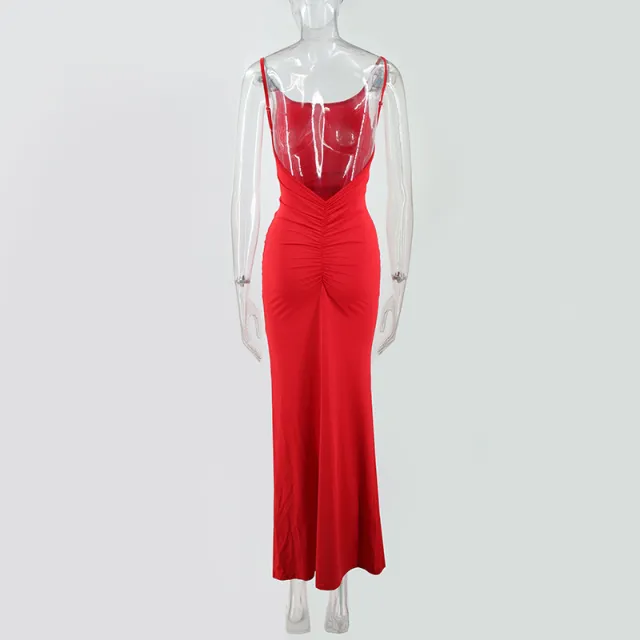 Elegant, Form fitting Long Dress With Thin Spaghetti Straps And A Halter Neckline Red - Shop at LoveMi