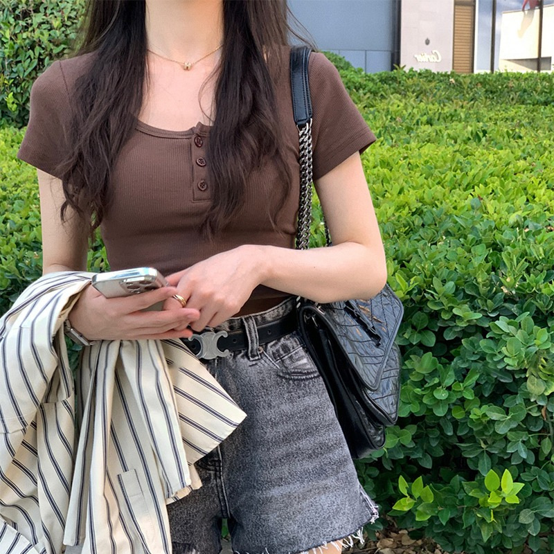 American Retro Shoulder Simple Solid Color Short Sleeve T-shirt