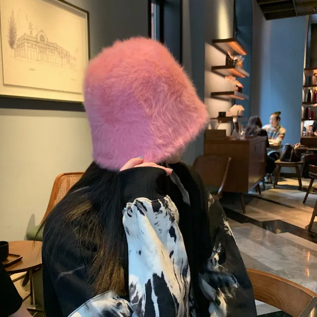 Japanese style Retro All match Face covering Rabbit Fur Bucket Hat Pink - Shop at LoveMi