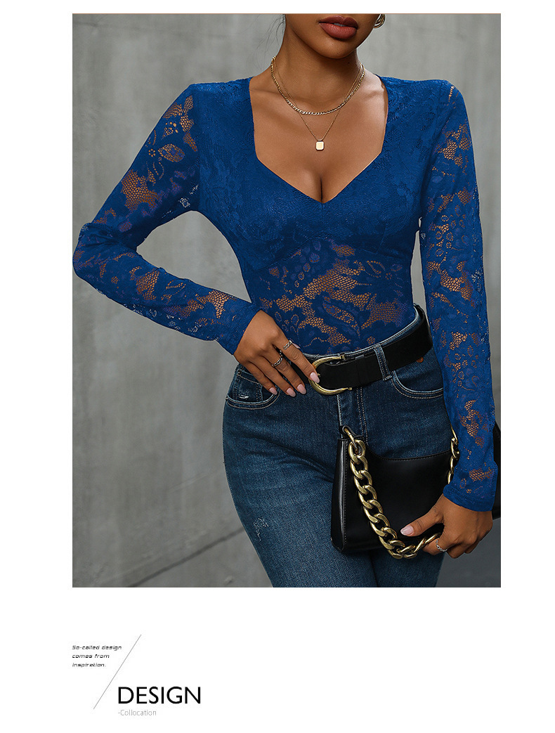 Women’s Lace Long Sleeve Bodysuit – Deep V Neck Solid Top