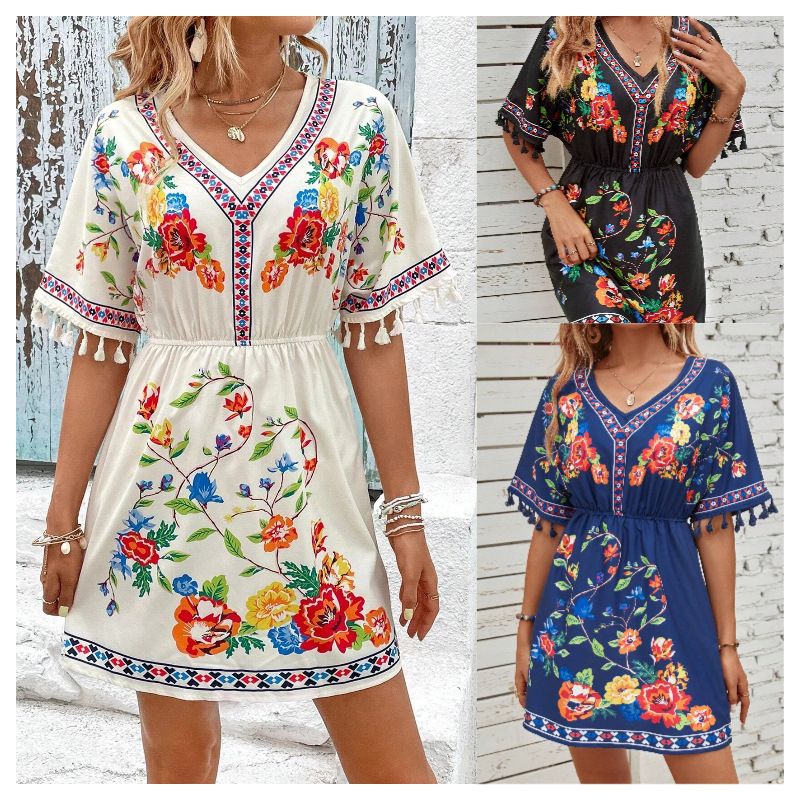 Bohemian Retro Ethnic Print Temperament Waist-controlled Slimming And Short Holiday Dress