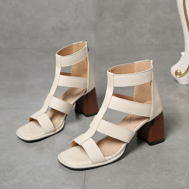 Summer New Hollow Retro Thick High Heel Sandals For Women Beige - Shop at LoveMi