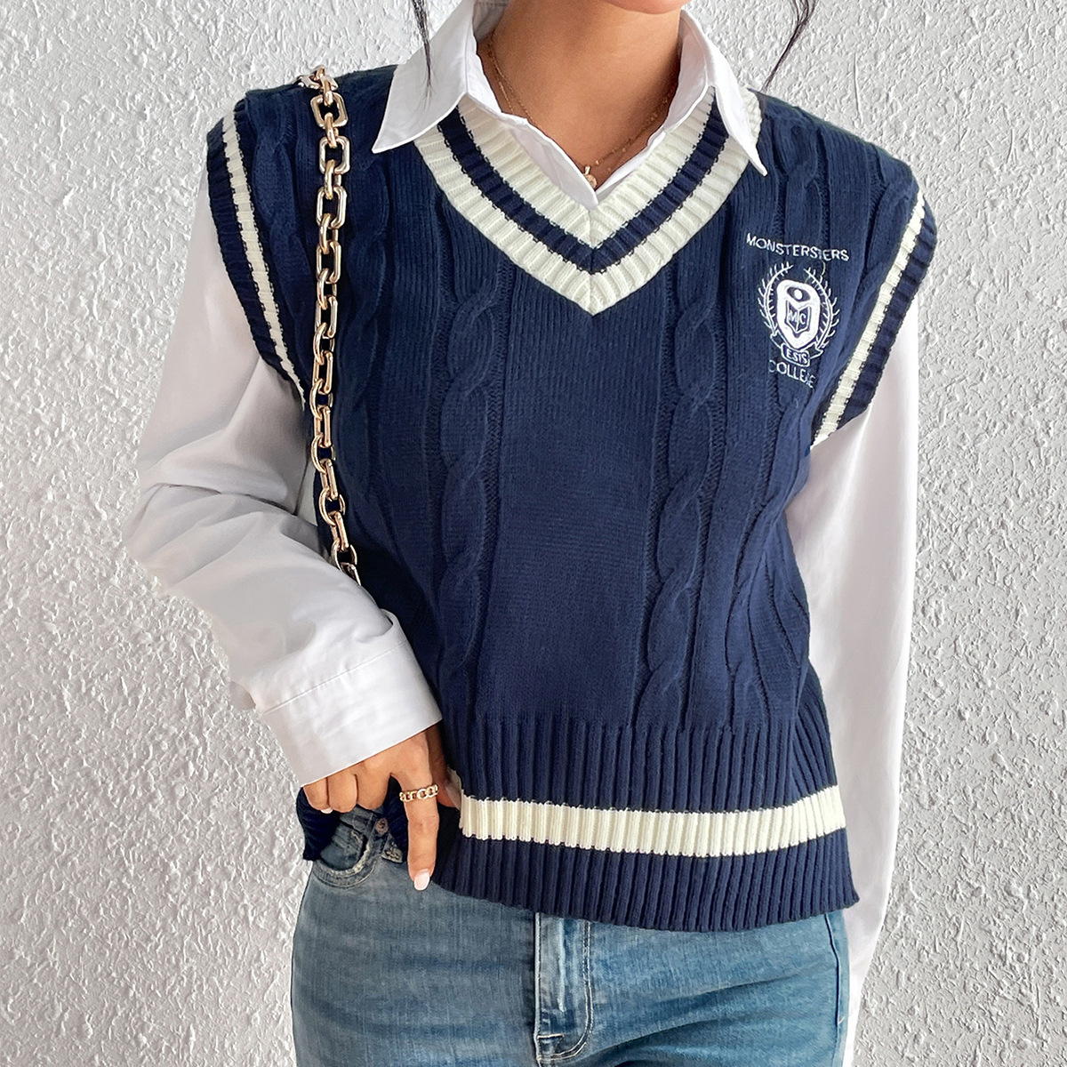 University Style Solid Color Hemp Pattern Pullover Vest Knitted Sweater Dark Blue - Shop at LoveMi