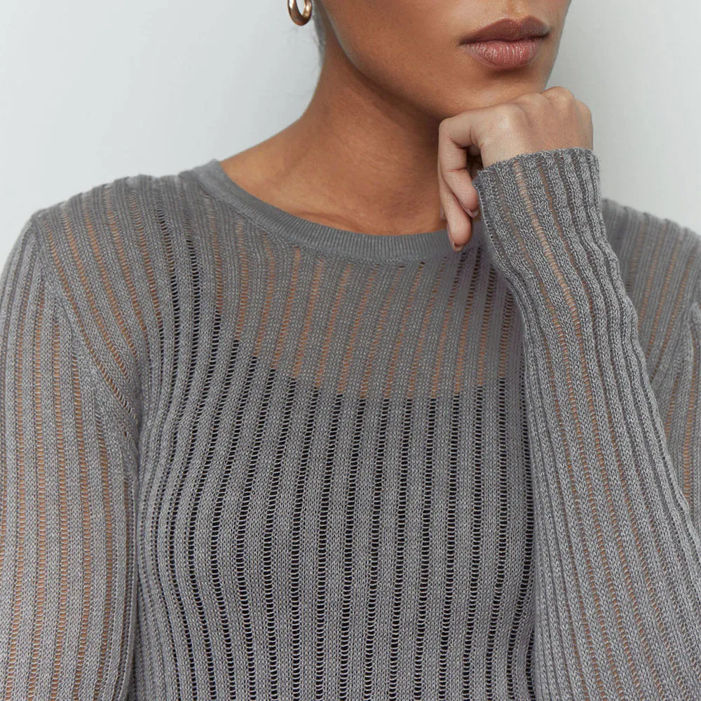 Women's Fashion Casual Solid Color Slim-fit Cashmere Round Neck Long Sleeve - Gray