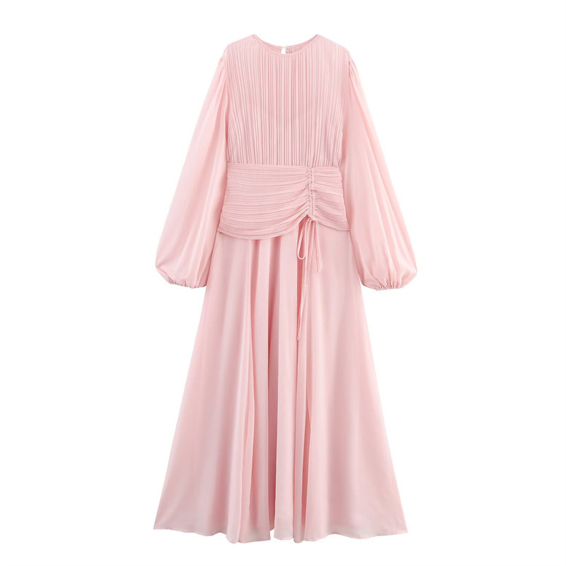 New Summer Design French Style Round Neck Long Sleeve Tight Waist Long Dress