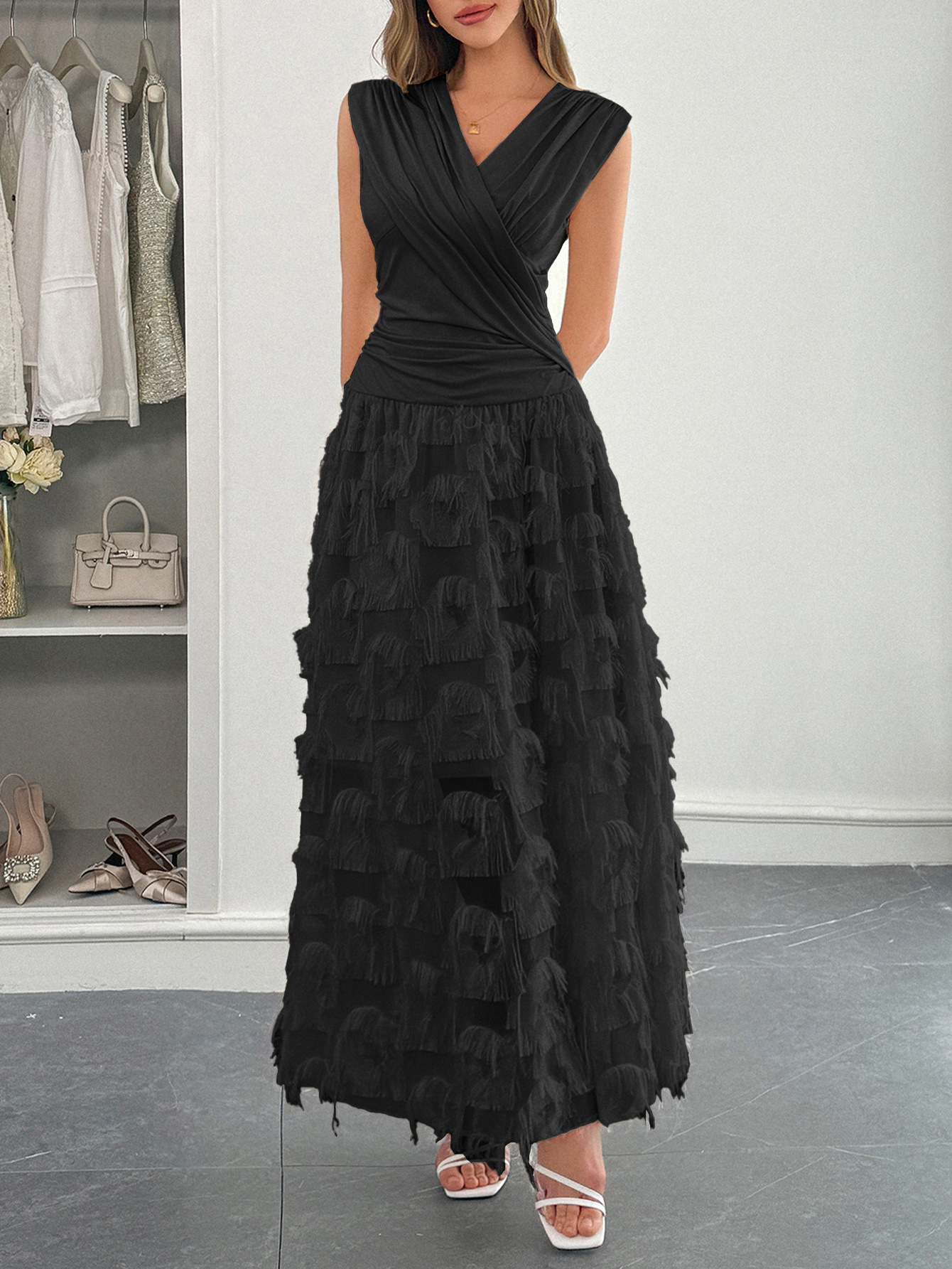 Maxi V-Neck Sleeveless Wedding Guest Dress Boho Style
