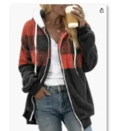 Plaid Colour-block Fleece Hooded Zip-up Jacket - Red Lattice - View 1