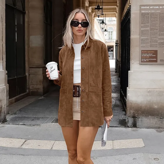 Maillard Brown Suede Coat Loose Design Lapel Coat Brown - Shop at LoveMi