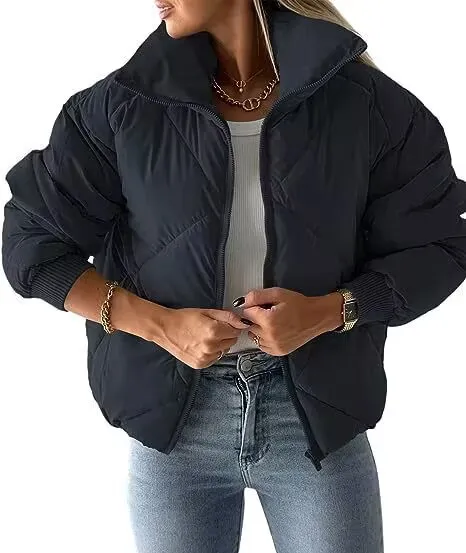 Women's Long Sleeve Zipper Winter Quilted Short Cotton Jacket Women's Bread - Navy