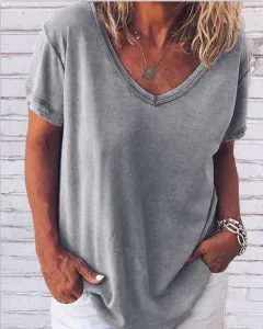 Cross Border Large V-neck Printed T-shirt Popular Foreign Trade Loose Leisure All-matching Short Sleeve - Grey - View 1