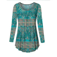 Summer Printed Loose Oversize Women's Short Sleeved Dress T-shirt - Blue Long Sleeved - View 1