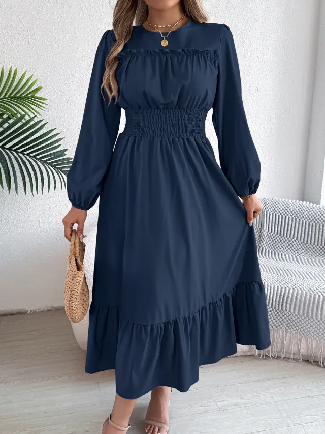 Women's Solid Color Stringy Selvedge Cinched Pleated Long Dress Navy Blue - Shop at LoveMi