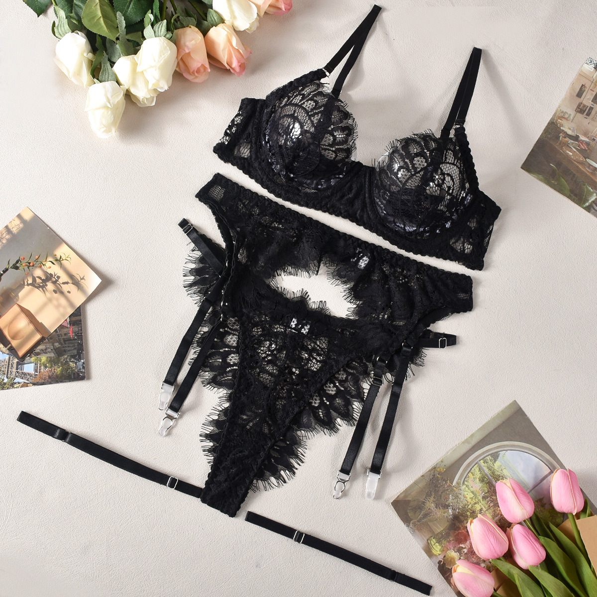 European And American Style Lace Three-point Sexy Sling Steel Ring 3-piece Sexy Lingerie