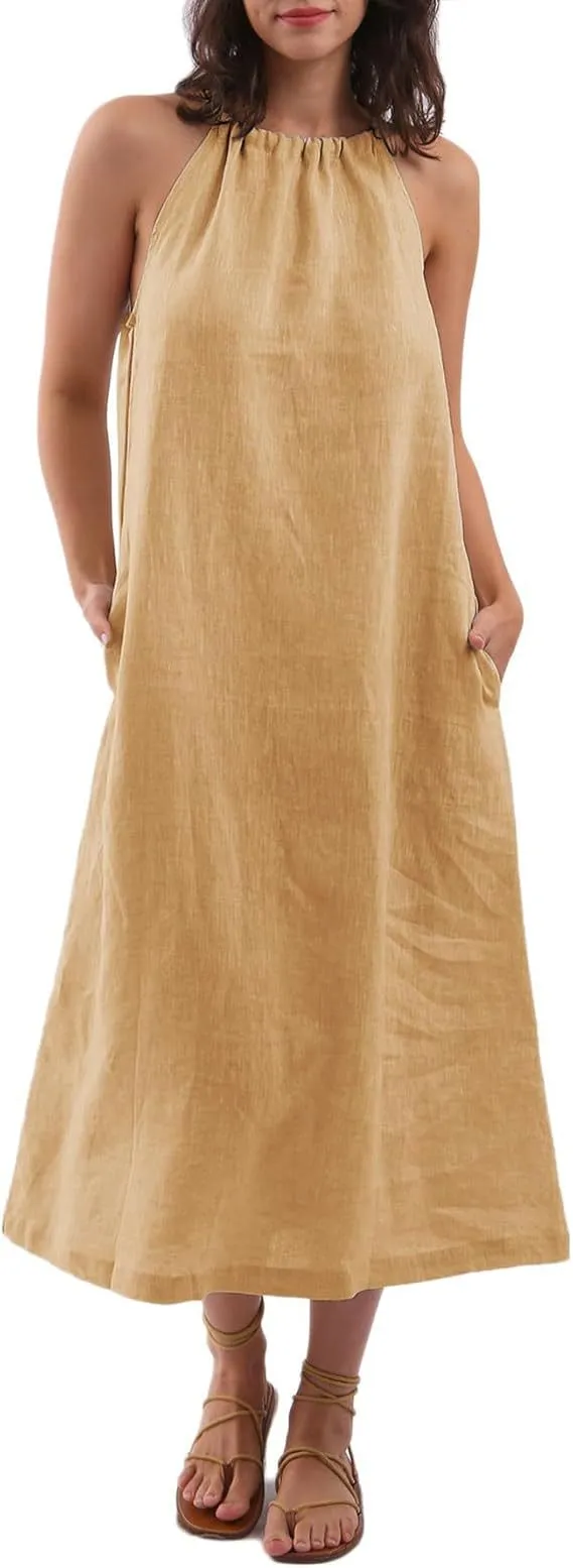 Fashion Solid Color Vest Cotton Linen Dress Women Yellow - Shop at LoveMi