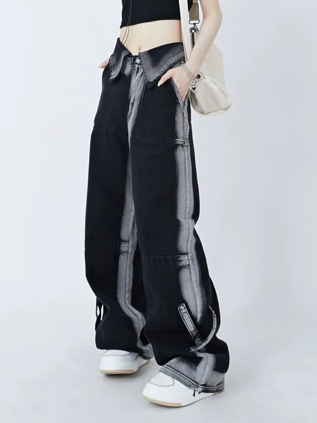 Women's American style Retro Cuffed Jeans Black - Shop at LoveMi