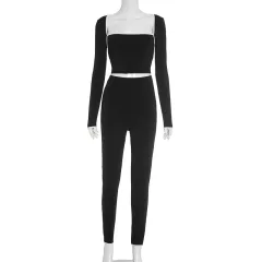 Stitching Colour-contrasting Stripe Long Sleeve Top Slim Trousers Suit - Black - View 1