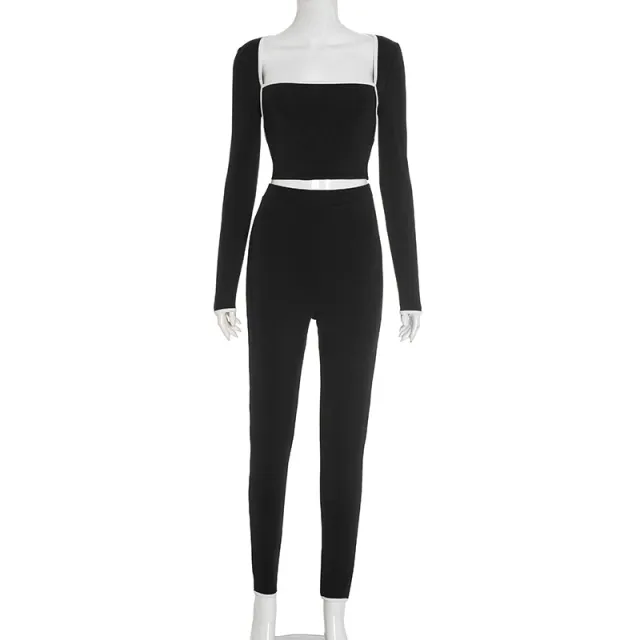 Stitching Color contrasting Stripe Long Sleeve Top Slim Trousers Suit Black - Shop at LoveMi