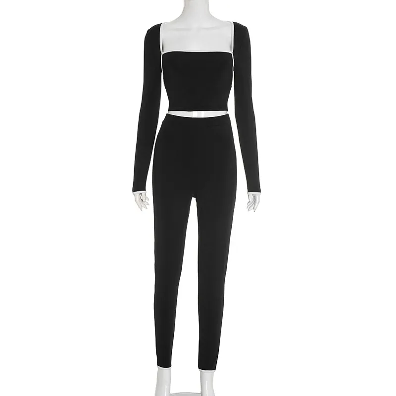 Stitching Color-contrasting Stripe Long Sleeve Top Slim Trousers Suit - Black