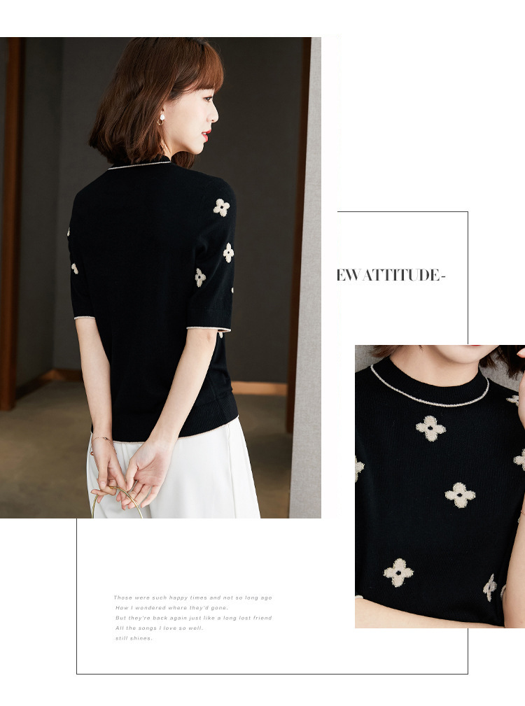 Women's Summer Fashion Thin Round Neck Embroidered Short Sleeve T-shirt Top