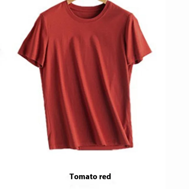 Mulberry Silk Women's Mercerized Cotton T shirt Fine Solid Color Round Neck Short Sleeves Tomato Red - Shop at LoveMi