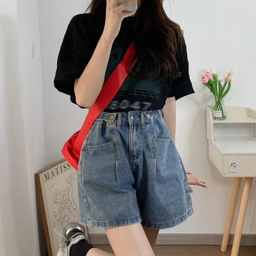 High-waisted Denim Shorts For Women, Summer, Loose-fit, Casual