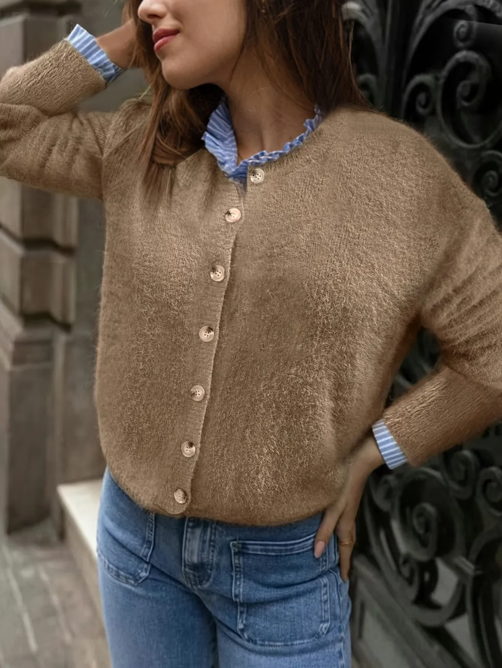Autumn And Winter New European And American All-matching Loose Casual Solid Color Buttons Knitted Top For Women - Khaki