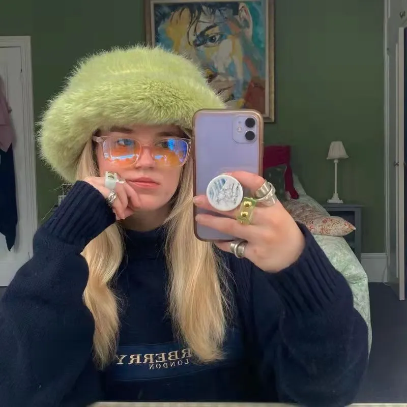 Plush Hat Fur Big Round Hat Winter - Green
