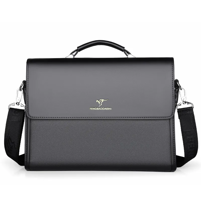 Men's Horizontal Leather Portable Briefcase - Black