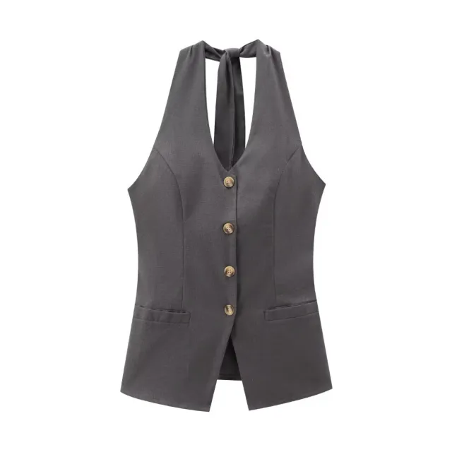 Classic Style Cotton And Linen Halterneck Vest Suit Women's Summer High grade Trousers Gray Top - Shop at LoveMi