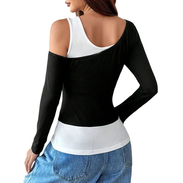 Black And White Spliced Asymmetric Shoulder Strap Unique Design Women's Top Black - Shop at LoveMi