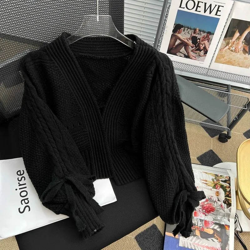 Western Style Outer Match Knitted Cardigan Loose Short Long Sleeve Top - Black
