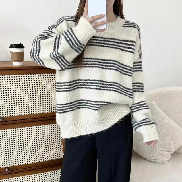 Outer Wear Inner Wear Idle Style Round Neck Long Sleeve Top Stripes White - Shop at LoveMi