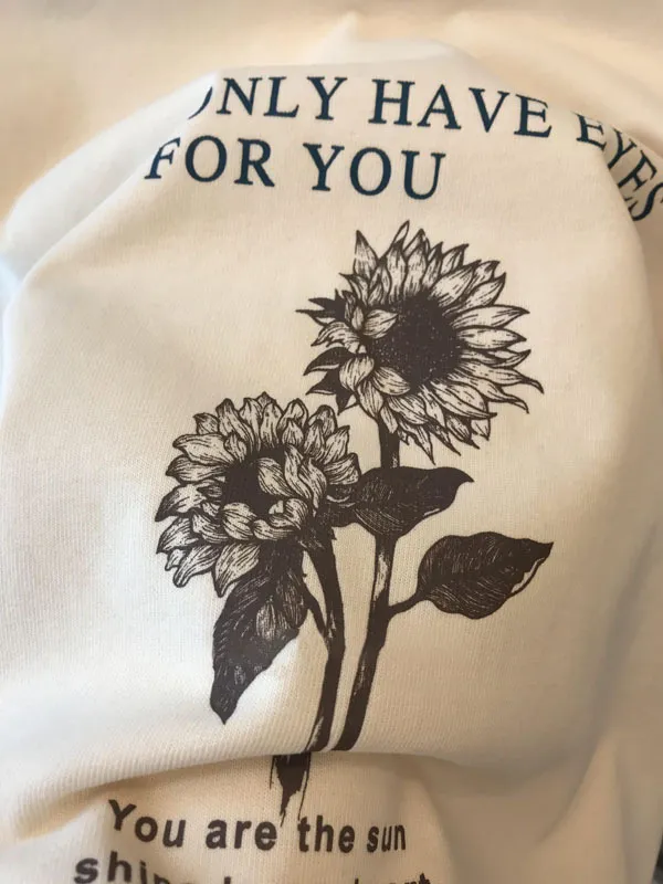 Four season Cotton Pattern Letter Print Pullover Short Sleeve Women Beige Sunflower - Shop at LoveMi