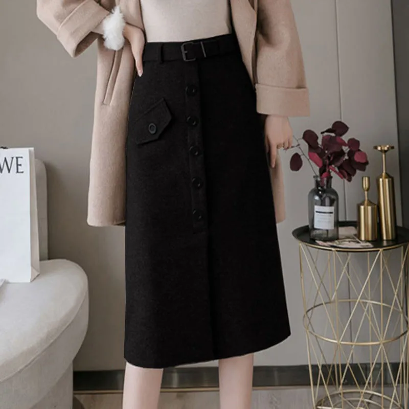 Autumn And Winter Midi Skirts Elegant Figure-flattering, And Slimming - Black
