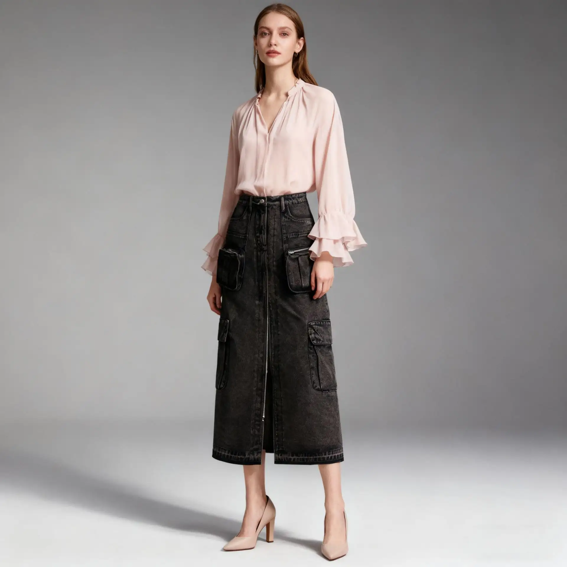 Personalized Trendy Skirt Womens High-Waisted Long Patchwork Denim Skirt With Multiple Pockets