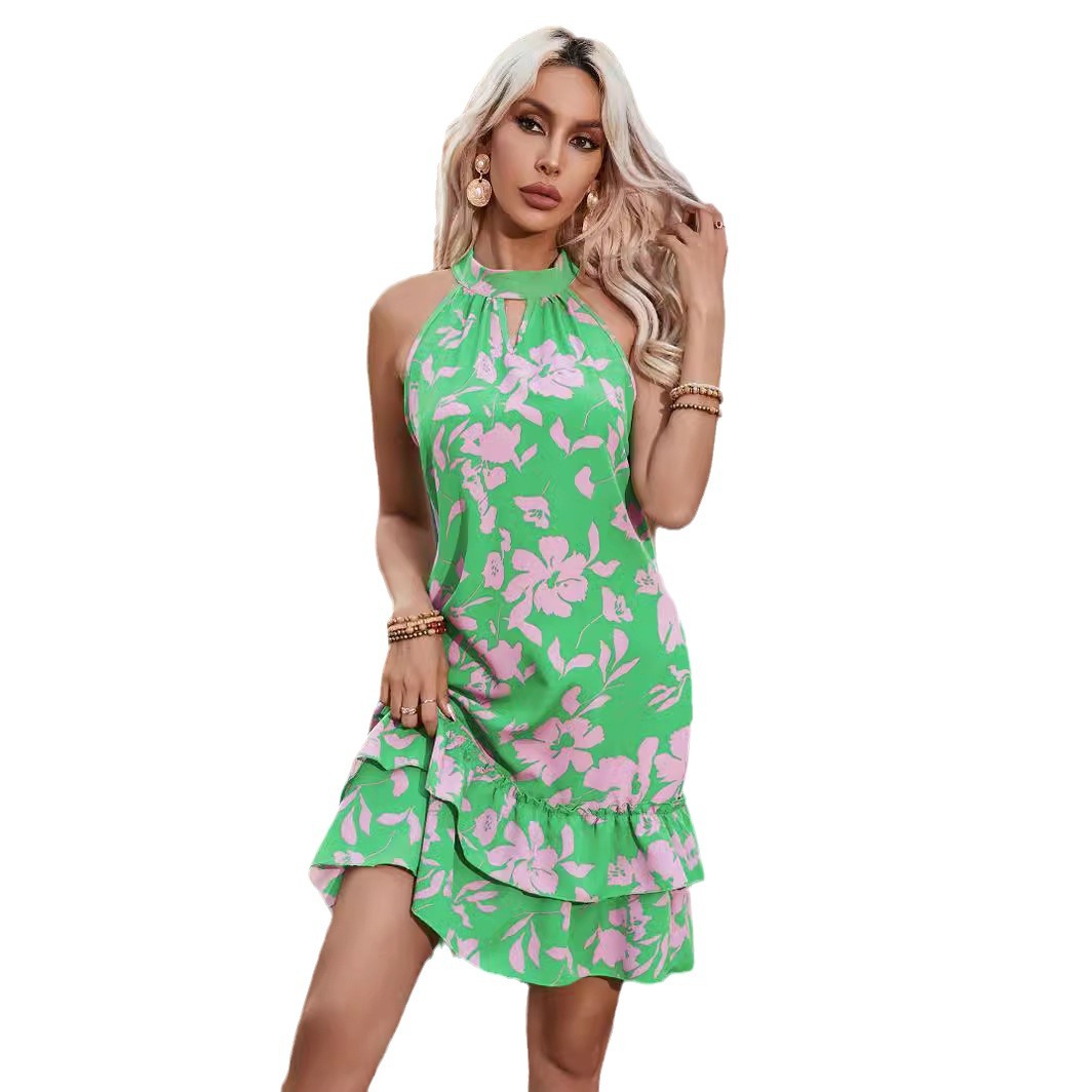 SleevelessHalter Ruffle Printed Dress