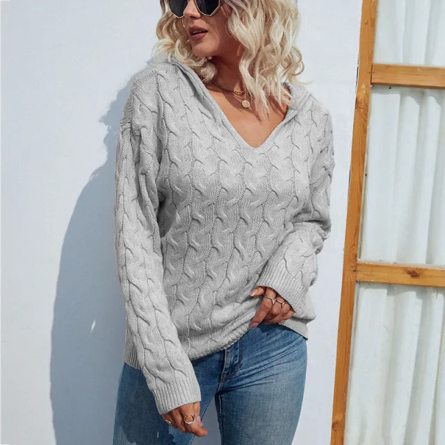 Solid Color And V neck Hooded Sweater Cable Knit Gray - Shop at LoveMi