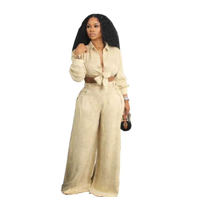 Women's Long sleeved Casual Shirt Wide leg Pants Khaki - Shop at LoveMi