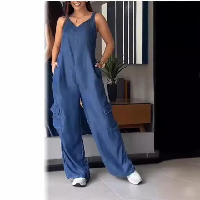 European And American Thin Jeans Wear Pocket V neck Jumpsuit Blue - Shop at LoveMi