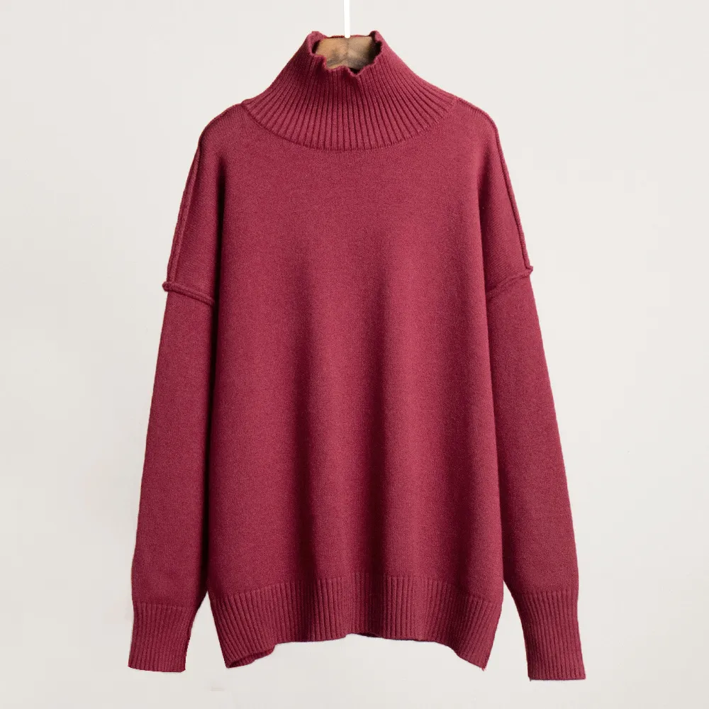 Patchwork Turtleneck Sweater Women's European And American Autumn And Winter Leisure Loose - Wine Red