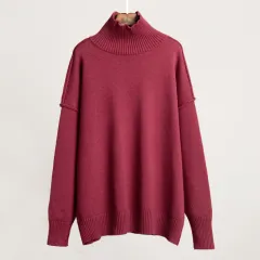 Patchwork Turtleneck Sweater Women's European And American Autumn And Winter Leisure Loose - Wine Red - View 1