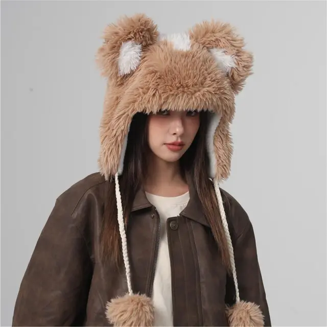 Cute Fur Ball Bucket Hat Women's Winter Plush Warm Khaki - Shop at LoveMi